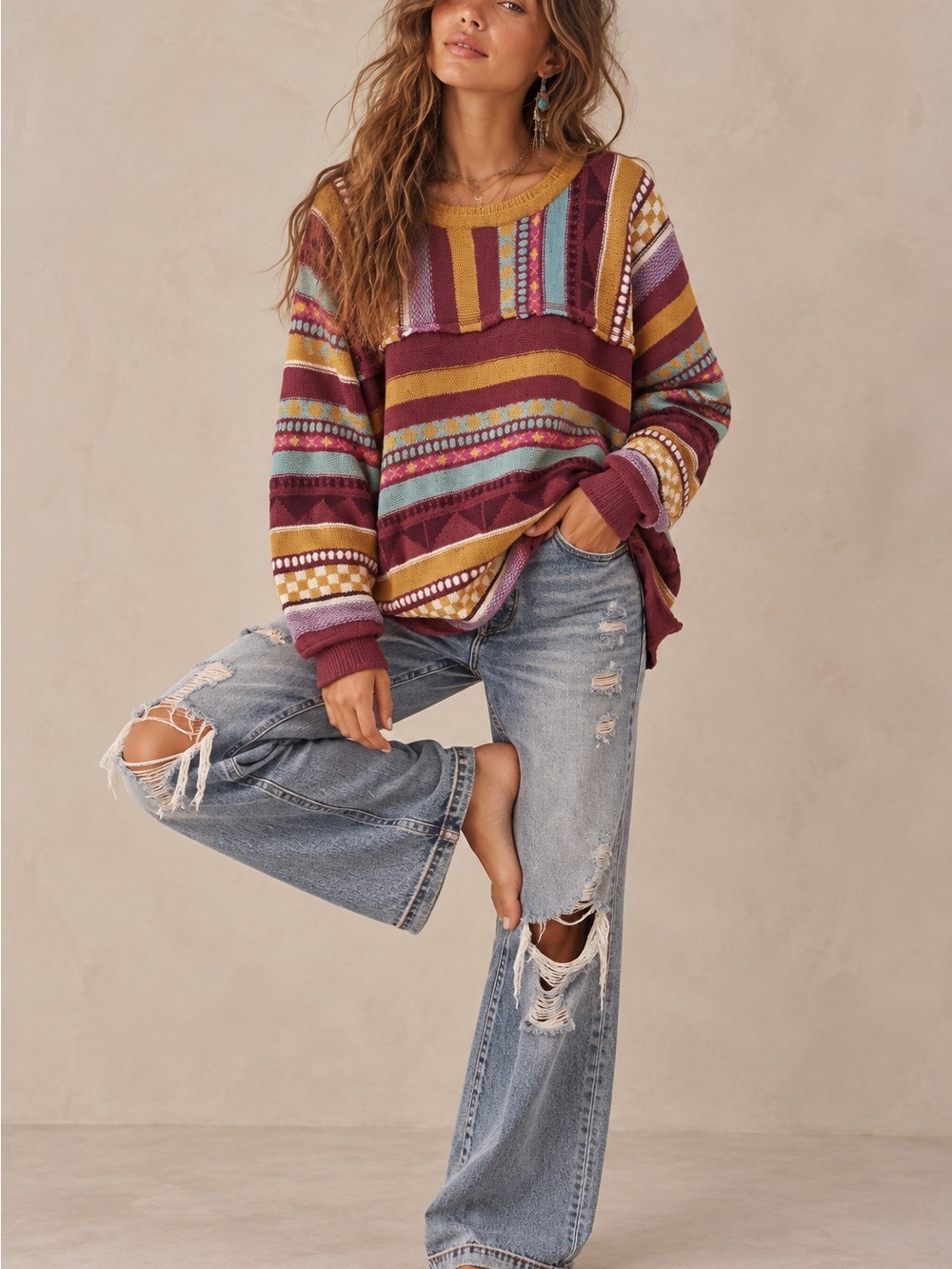 easel Multi-Stripe Knit Sweater in Burgundy, Mustard & Teal